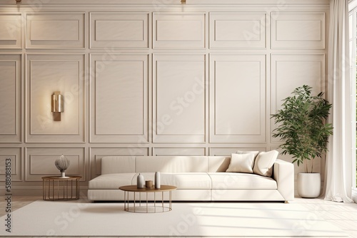 modern living room with a white sofa and coffee table. Generative AI © AkuAku