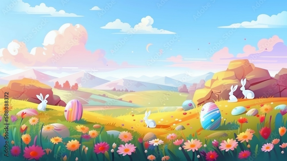 Fototapeta premium Easter eggs, happy easter, bunny, Generative AI