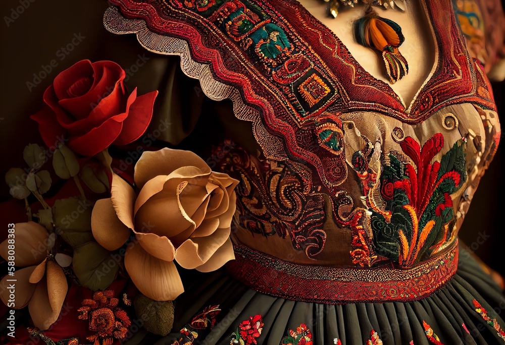 A traditional Mexican dress with embroidered details. Cinco de Mayo. Generative AI