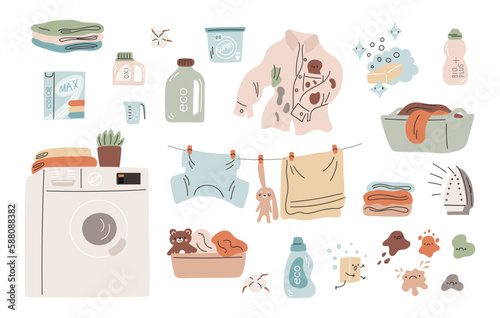 Laundry illustration. Hard to remove stains on clothes. Washing machine laundry, equipment, housework, dry clean self service