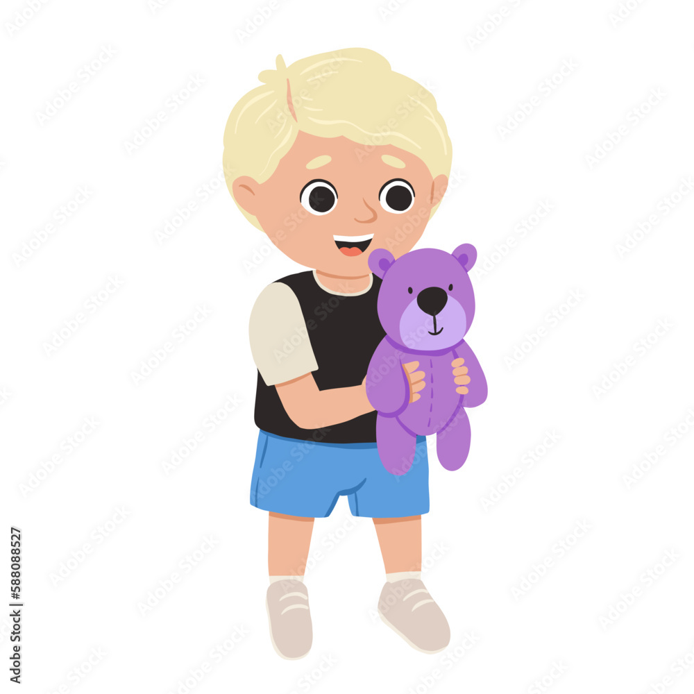 Cartoon happy boy playing with bear and smiling. Cute vector illustration isolated on white background.