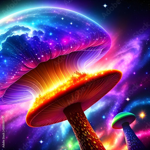 Magic mushroom galaxy space digital illustration. Shroom hallucination. Generative AI