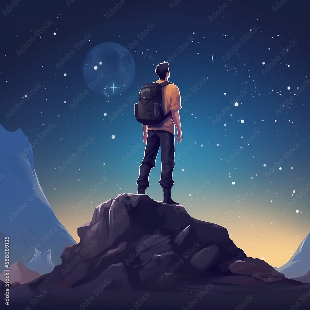 Young hiker with backpack standing on the rock and looking at stars in the night sky digital art style illustration painting (ai)