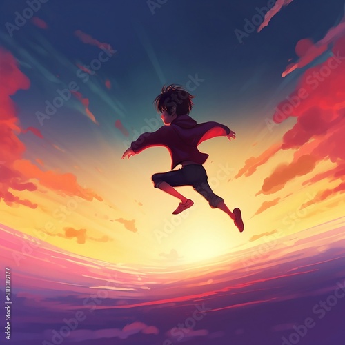 Wallpaper Mural Young boy flying through the air at sunset digital art style illustration painting (ai) Torontodigital.ca