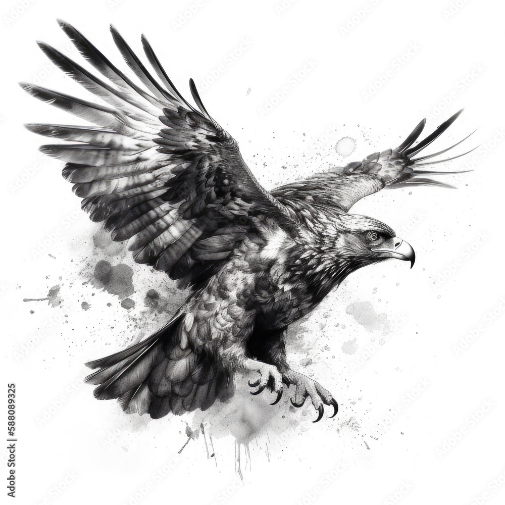 Impressionistic Realistic Blackwork Style Flying Eagle on White ...