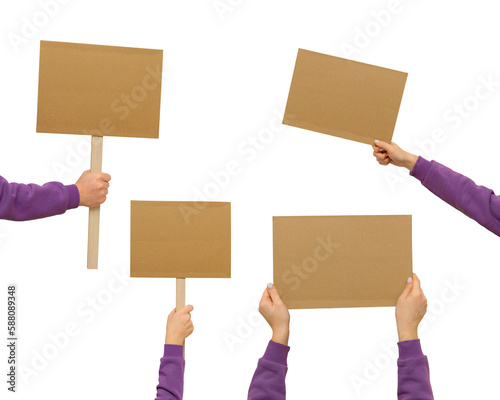 Woman's hand holding blank banner mock up on wood stick isolated. Empty board plank with space for shouting text rule or protest word.