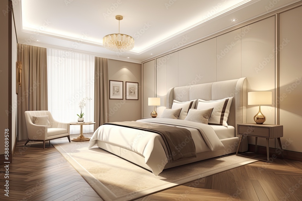 luxurious bedroom with a grand bed and elegant chandelier. Generative AI