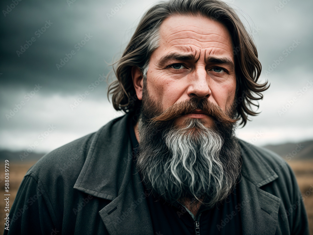 Dramatic portrait of a man, late autumn season, wild landscape as background, dark sky with storm clouds. Generative AI. Dramatic portrait of a man, late autumn season, wild landscape as background, dark sky with storm clouds. Generative AI.