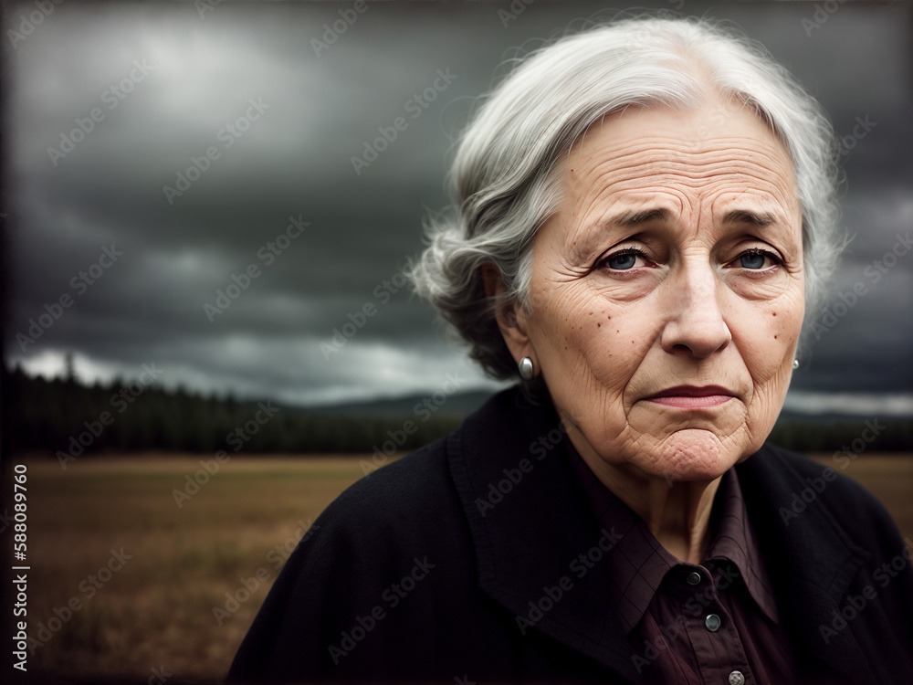 Dramatic portrait of an elderly woman, late autumn landscape as background, dark sky with storm clouds. Generative AI. Dramatic portrait of an elderly woman, late autumn landscape as background, dark sky with storm clouds. Generative AI.