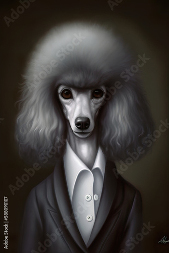 Painterly portrait of a Poodle Dog wearing a suit with an open collar, AI generated (ID: 588090107)