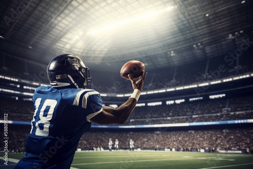 A football player throwing a pass with a football field and a stadium in the background Generative AI photo