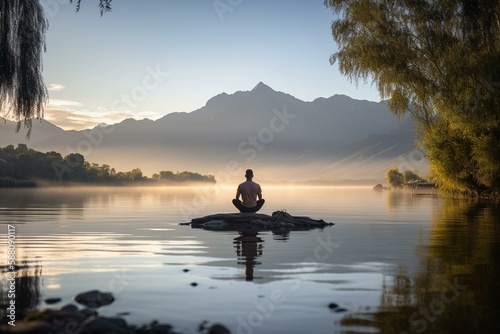 A man doing yoga on a serene and tranquil lakeshore with a vast and picturesque mountain range in the background Generative AI