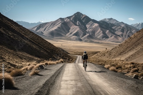 A cyclist riding a bike on a scenic and challenging mountain road with a clear blue sky Generative AI