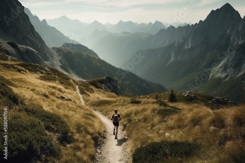 A man running on a scenic and winding mountain trail with a vast and breathtaking alpine landscape in the background Generative AI