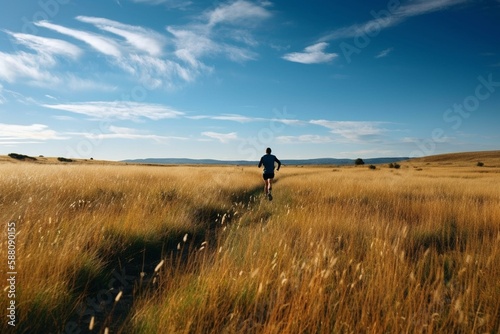 A runner sprinting on a scenic and vast grassy field with a clear blue sky Generative AI