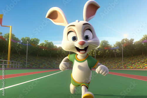 Cute smiling cartoon bunny rabbit running on a track, ai generated (ID: 588090321)