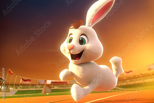 Cute white bunny running on a track at sunset, ai generated (ID: 588090339)
