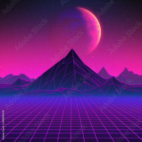 Synthwave calming landscape with moon made with Generative AI