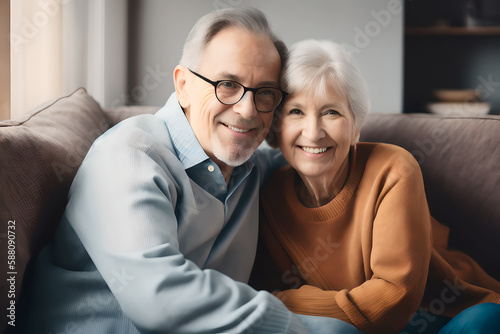 Portrait of a happy elderly couple relaxing on cozy sofa in a modern living room interior. Concept of active age. Generative AI