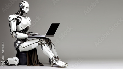 A sitting humanoid female robot with a laptop on her lap, on a gray background with free space for any inscription or text. Generative AI