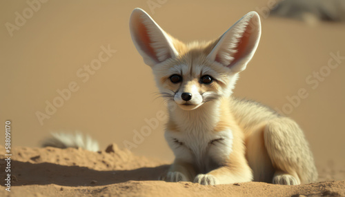 Cute fennec fox in the desert. Wallpaper background. Fennec fox. Generative AI.