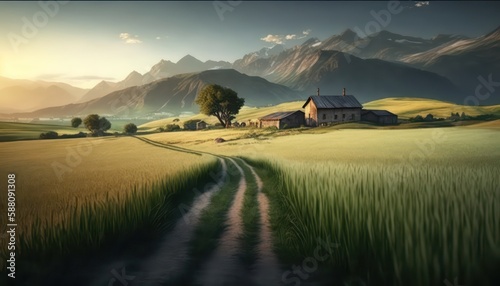 Mountain village with path through grass field . Wallpaper background. Generative AI.