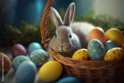 Colourful of easter egg in basket with cute bunny rabbit. Festival of easter. Rabbit in basket with blur effect wallpaper background. Generative AI.