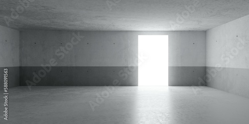 Abstract large, empty, modern concrete room, half painted walls, door opening in the back and concrete rough floor - industrial interior background template