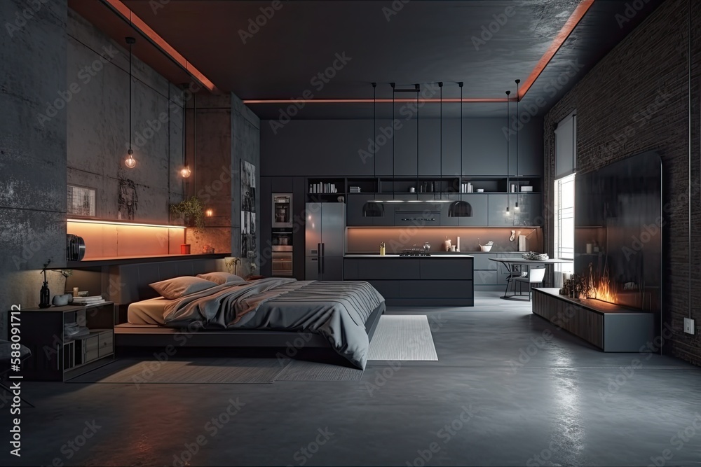 cozy bedroom with a fireplace and a comfortable bed. Generative AI cozy bedroom with a fireplace and a comfortable bed. Generative AI