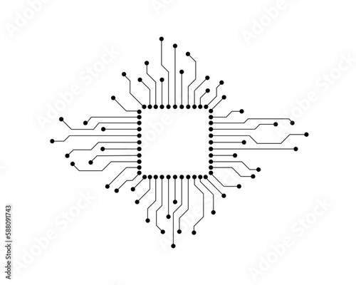 The concept of high-tech technologies. Computer motherboard or circuit board. Digital and computer technology icon. Microchip, processor chip. Vector illustration.