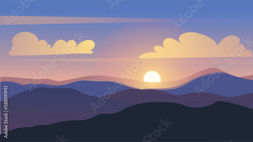 Scenic mountain landscape illustration with colorful sky  