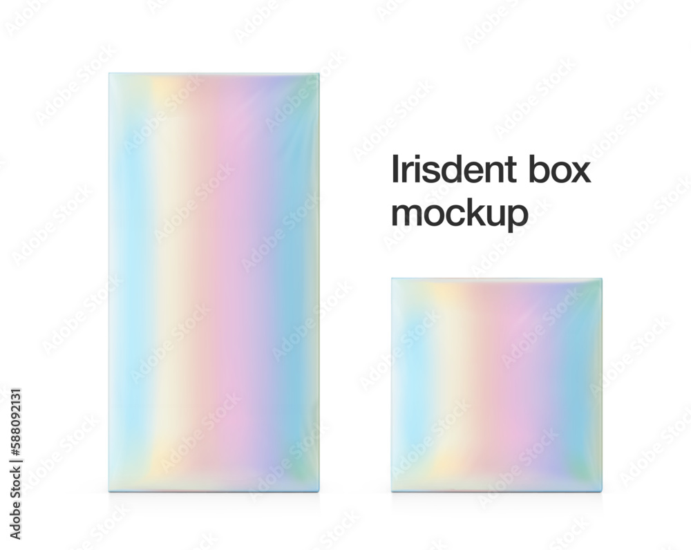 Realistic blank box with irisdent material mockup. Vector illustration. Front view. Mockup will make the presentation look as realistic as possible. EPS10.