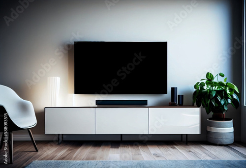 Modern mockup screen TV on white wall in room with stylish furniture, AI Generated © YuliiaMazurkevych
