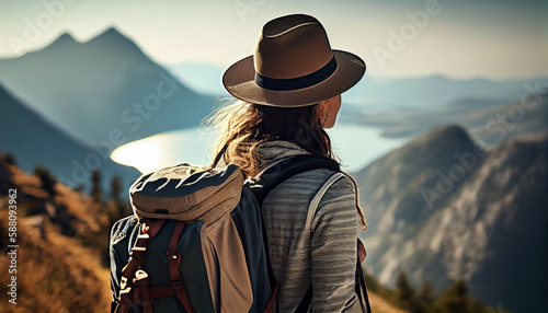 woman traveler with hat and looking at amazing mountains and forest, wanderlust travel concept, AI Generated © YuliiaMazurkevych