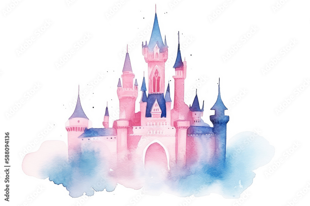Pink and blue magic castle. Fairy tale castle illustration. Generative AI. - obrazy, fototapety, plakaty 