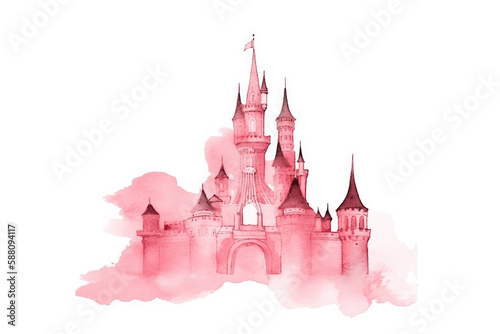 Pink fairy tale castle watercolor painting illustration. Prince and princess magic castle.