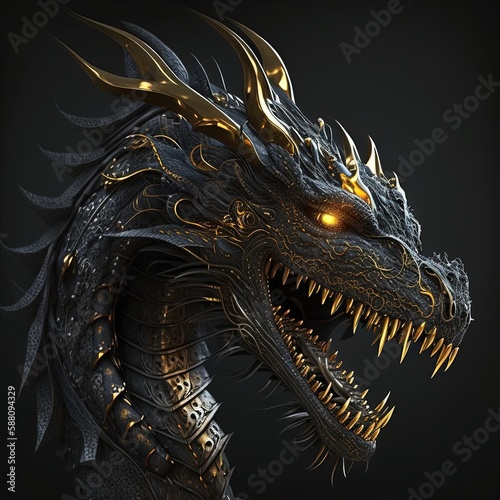 Dragon with black skin and golden details. Generative AI © Snowboy