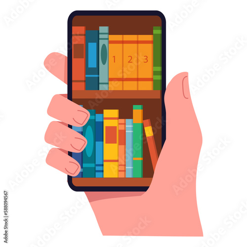Wallpaper Mural Digital literacy.Learning technology.Online education.Smartphone app books.Digital Library. School online.Vector flat illustration.Isolated on white background.A hand with a smartphone. Torontodigital.ca