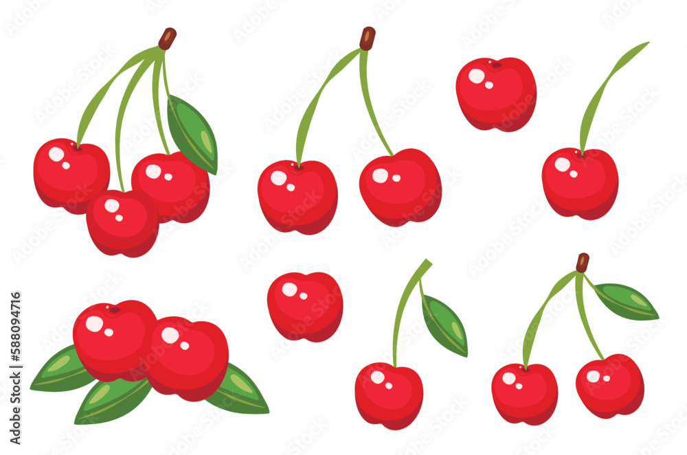 Set of vector cherries with leaf isolated on a white background. Cute cartoon illustration of organic food. Life compositions, whole natural berry with green leaf Set of vector cherries with leaf isolated on a white background. Cute cartoon illustration of organic food. Life compositions, whole natural berry with green leaf