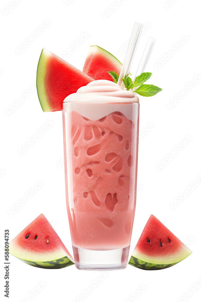 Smoothie watermelon yogurt with small watermenlon slices on cutout PNG transparent background. Generative AI Smoothie watermelon yogurt with small watermenlon slices on cutout PNG transparent background. Generative AI
