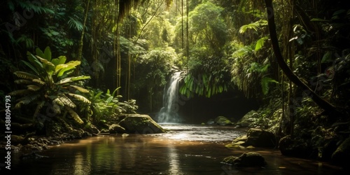 deep rainforest waterfall  generative ai