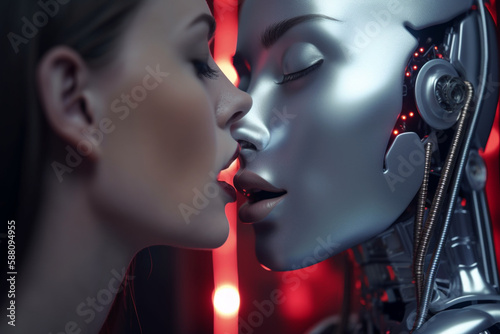 Romance of a girl and a humanoid female robot. Sensual couple kissing. generated by ai