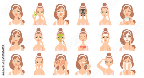 Girl apply different facial masks set. Young woman caring and protecting her face cartoon vector illustration