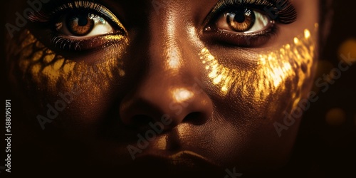 Afroamerikanische Frau Gesicht mit Gold Visagistik Nahaufnahme eine Models f  r Kosmetik Studio Poster  ai generativ