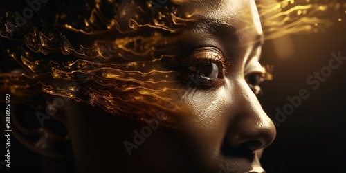 Afroamerikanische Frau Gesicht mit Gold Visagistik Nahaufnahme eine Models für Kosmetik Studio Poster, ai generativ
