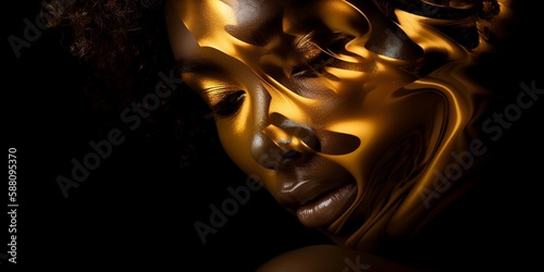 Afroamerikanische Frau Gesicht mit Gold Visagistik Nahaufnahme eine Models für Kosmetik Studio Poster, ai generativ