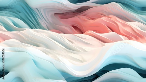 Soft Waves on Ocean Background: Digital Illustration of Wavy Water Flow in pink and White Gradient Pattern on Smooth Silk Fabric for Wallpaper or Surface Design. AI-Generated Art for Luxury and Beauty