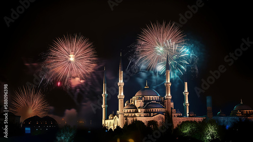 Panorama Detaild Illustration of Starburst And Fireworks On City Mosque, Generative Ai