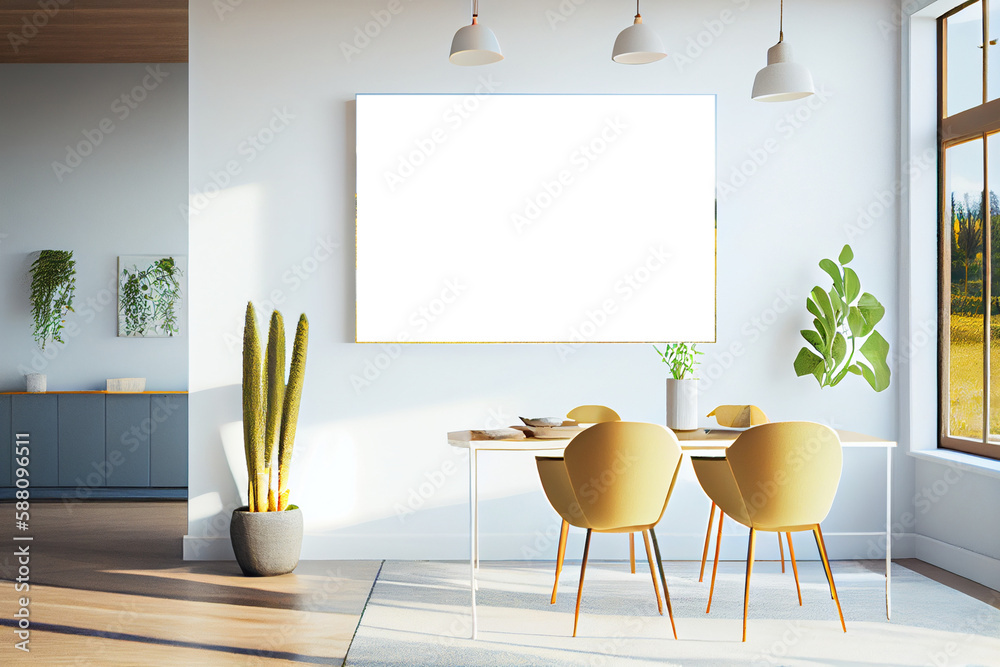 Interior poster mock up with horizontal empty frame, Scandinavian style, AI Generated Stock