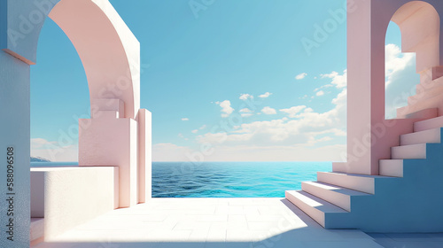 Stage with geometric shapes  arch with podium in natural daylight. sea view. summer scene.